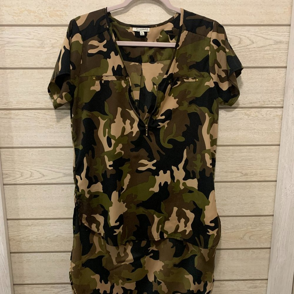 Olive Green Camo Print High-Low Blouse Size L